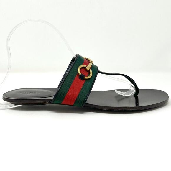 Gucci Web Horsebit Black Leather Thong Sandals Green‑Red Strap 38.5 EU - Picture 4 of 10